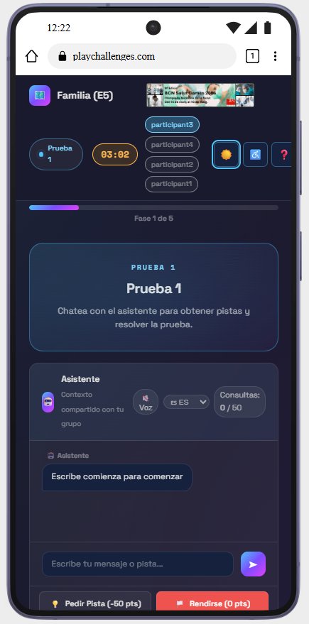 Captura de pantalla del dashboard de participant a PlayChallenges mostrant una prova amb xat d'IA